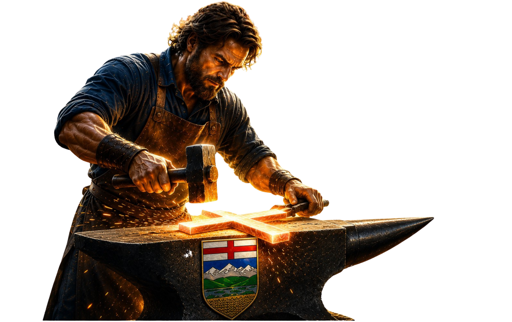 Blacksmith forging a glowing cross on an anvil with the Alberta emblem